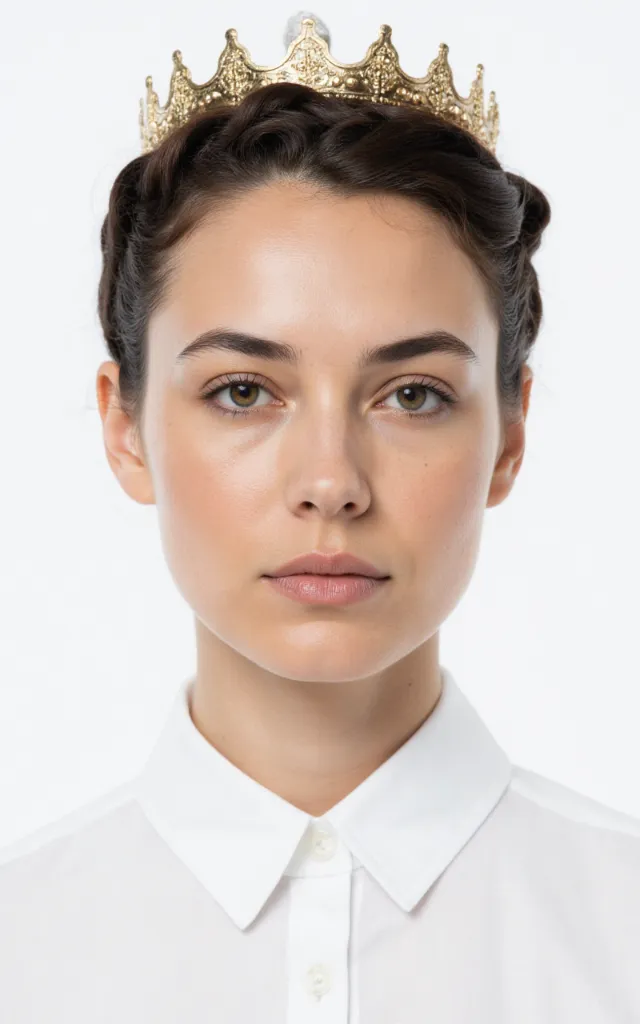A French female model with a Crown braid, wearing a shirt, against a white background, in a front   facing bust portrait